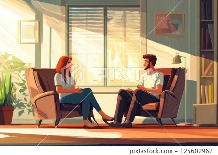 Engaging conversation between two friends in a cozy living room setting during late afternoon 125602962