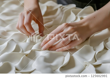 Creative hands shaping delicate fabric in a modern crafting studio during daylight hours 125602991