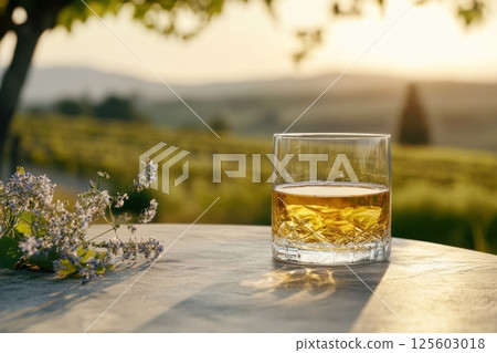 Relaxing evening drink by the vineyard with a scenic sunset view over rolling hills 125603018