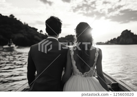 Couple enjoys romantic sunset view while sitting on a boat in tranquil waters surrounded by nature 125603020