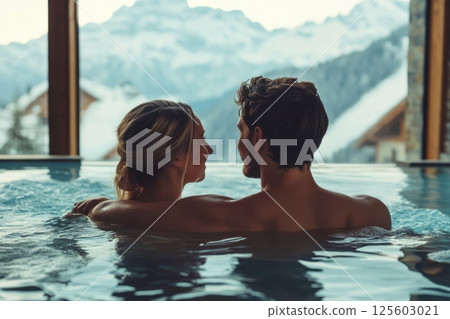 Couple enjoys intimate moment in hot tub with mountain view during winter evening 125603021
