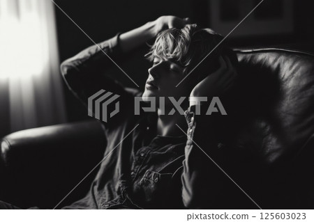 Young man relaxing on a leather sofa in low light while enjoying a moment of solitude in a cozy room 125603023