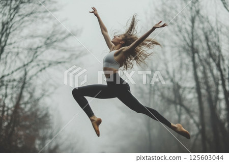 Dancer leaps gracefully in a misty forest, showcasing freedom and movement in the serene atmosphere 125603044