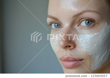 Woman applying facial mask at home during morning skincare routine for healthy glowing skin 125603057