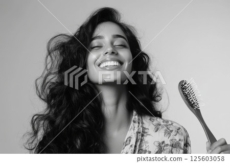 Smiling woman with curly hair holding a hairbrush in a floral robe against a light background 125603058