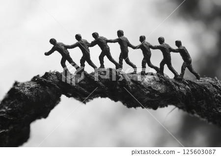 Figures crossing a bridge together in a symbolic representation of teamwork and collaboration 125603087
