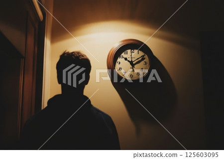 Silhouette of a person near a wall clock in a dimly lit room during late evening hours 125603095