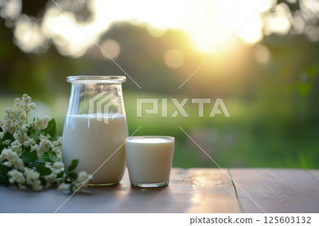 Refreshing glass and pitcher of milk on a wooden table at sunset in a serene outdoor setting 125603132