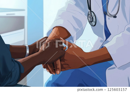 Healthcare professional provides comfort to patient during consultation in a modern medical office Healthcare professional provides comfort to patient during consultation in a modern medical office 125603157