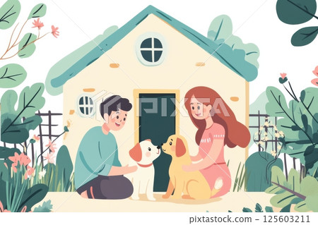 Joyful moment with pets in a cozy garden at a charming cottage during a sunny afternoon 125603211