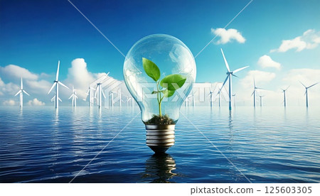 A 3DCG illustration of green young leaves growing inside a light bulb with a wind turbine spinning at sea in the background 125603305