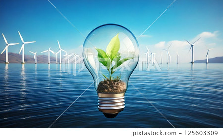 A 3DCG illustration of green young leaves growing inside a light bulb with a wind turbine spinning at sea in the background 125603309