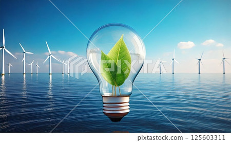 A 3DCG illustration of green young leaves growing inside a light bulb with a wind turbine spinning at sea in the background A 3DCG illustration of green young leaves growing inside a light bulb with a wind turbine spinning at sea in the background 125603311