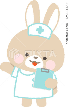 A brown rabbit nurse holding a clipboard and giving instructions 125603479
