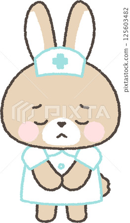 A brown rabbit nurse bowing apologetically A brown rabbit nurse bowing apologetically 125603482