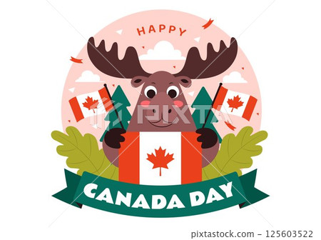 Happy Canada Day Vector Illustration Celebrating July 1st Featuring a Waving Canadian Flag and Ribbon in a National Holiday Flat Cartoon Background Happy Canada Day Vector Illustration Celebrating July 1st Featuring a Waving Canadian Flag and Ribbon in a National Holiday Flat Cartoon Background 125603522