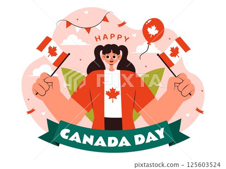 Happy Canada Day Vector Illustration Celebrating July 1st Featuring a Waving Canadian Flag and Ribbon in a National Holiday Flat Cartoon Background Happy Canada Day Vector Illustration Celebrating July 1st Featuring a Waving Canadian Flag and Ribbon in a National Holiday Flat Cartoon Background 125603524