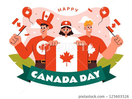 Happy Canada Day Vector Illustration Celebrating July 1st Featuring a Waving Canadian Flag and Ribbon in a National Holiday Flat Cartoon Background Happy Canada Day Vector Illustration Celebrating July 1st Featuring a Waving Canadian Flag and Ribbon in a National Holiday Flat Cartoon Background 125603526