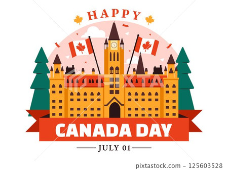 Happy Canada Day Vector Illustration Celebrating July 1st Featuring a Waving Canadian Flag and Ribbon in a National Holiday Flat Cartoon Background Happy Canada Day Vector Illustration Celebrating July 1st Featuring a Waving Canadian Flag and Ribbon in a National Holiday Flat Cartoon Background 125603528
