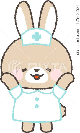 A brown rabbit nurse happily raising both hands 125603585