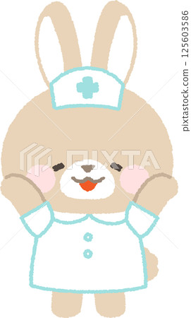 A brown rabbit nurse happily raising both hands 125603586