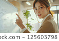 A young businesswoman confidently presents data on a whiteboard in a modern office. 125603798