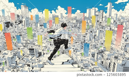 Business people running through the city streets of a bar graph 125603895