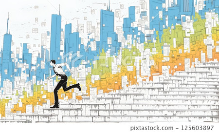 Business people running through the city streets of a bar graph Business people running through the city streets of a bar graph 125603897