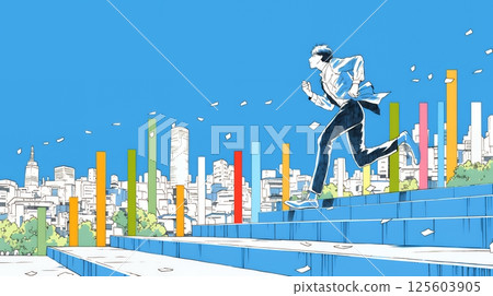 Business people running through the city streets of a bar graph 125603905