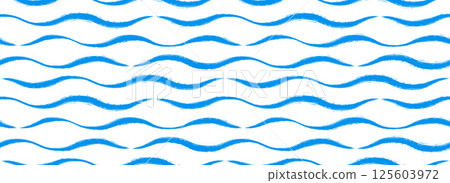 Blue waves seamless pattern. Repeated sea water lines background. Watercolor brush strokes repeating wallpaper. Summer cruise collection ornament for textile, fabric, decor. Vector curly paint stripes 125603972