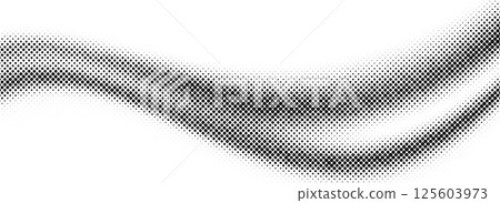 Black halftone dot wave pattern. Abstract grain fluid texture. Dotted curve wallpaper. Grit undulate swoosh overlay for poster, booklet, banner, brochure, flyer, leaflet. Vector rasterized background 125603973