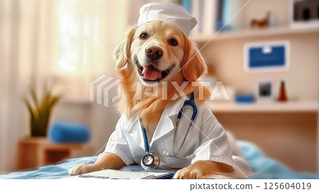 Happy golden retriever dog dressed as a vet in a clinic. Happy golden retriever dog dressed as a vet in a clinic. 125604019