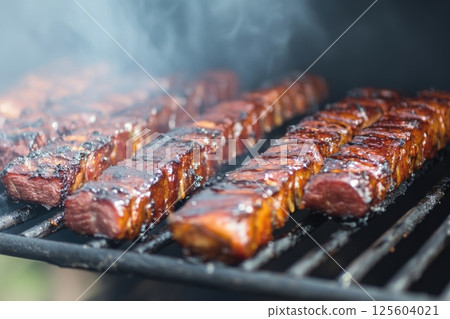 Grilling succulent pieces of meat on a summer afternoon at a backyard barbecue with friends 125604021