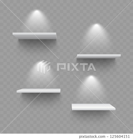Set of Four White Floating Shelves with Lighting - Vector 125604151