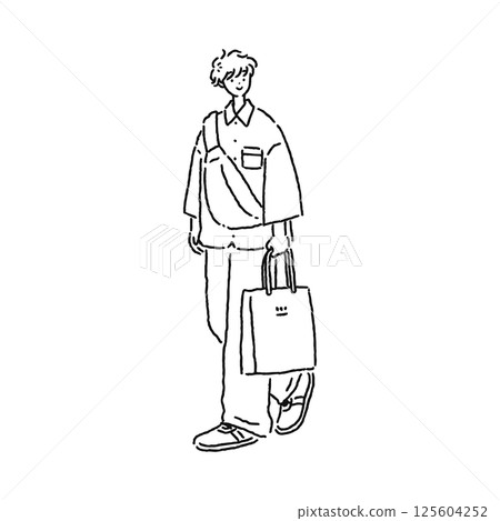 Line drawing of a person holding a shopping bag 125604252