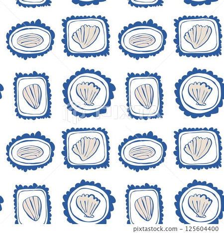 Hand drawn seashell frame on white background marine doodle seamless pattern with shells in frames for summer packaging and design Hand drawn seashell frame on white background marine doodle seamless pattern with shells in frames for summer packaging and design 125604400