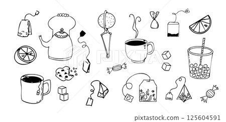 Tea or coffee beakfast, brunch lunch menu, dessert, cupcake, sweets line hand drawn textured elements, retro vintage sketch. Dolce vita breakfast doodle 125604591