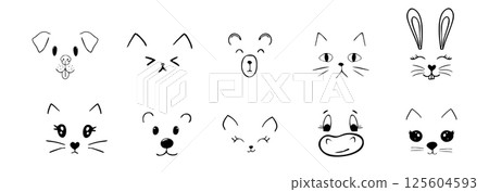 Cute animal faces, pet comic doodle with expressions. Set heads with delicious lick tongue, mouth, adorable emotions. Comic cartoon or kawaii fanny pet Cute animal faces, pet comic doodle with expressions. Set heads with delicious lick tongue, mouth, adorable emotions. Comic cartoon or kawaii fanny pet 125604593