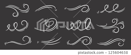 Wind line air swirl vector icon on chalkboard. Hand drawn doodle wind motion, air blow, swirl doodle elements. Sketch drawn air blow motion, smoke flow wave, abstract line. Vector 125604638
