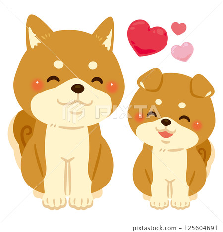 微笑的柴犬父母和孩子坐著的插圖 微笑的柴犬父母和孩子坐著的插圖 125604691