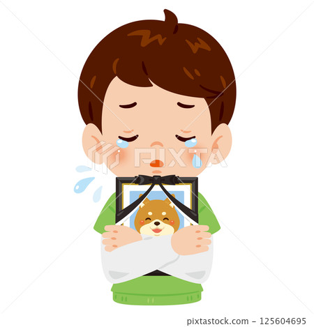 一個男孩抱著他心愛的狗的肖像哭泣 一個男孩抱著他心愛的狗的肖像哭泣 125604695
