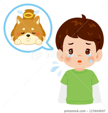 Boy crying after his beloved dog dies 125604697