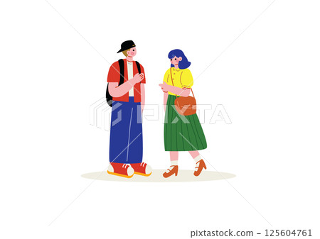 A male and a female meeting a person A male and a female meeting a person 125604761