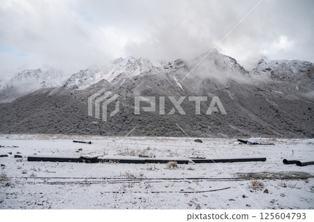 Tranquility view of mountains in Langtang valley, Nepal covered with snow. 125604793