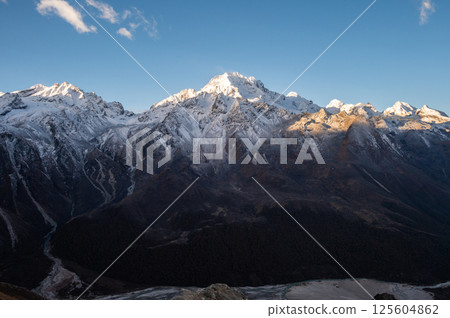 Mt.Naya Kanga with other Himalayas peak in Langtang valley of Nepal seen from Tsergo Ri (4,990m) the high point on the Langtang valley trek of Nepal. 125604862