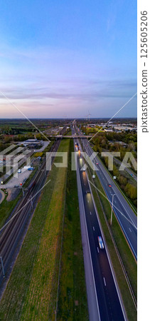 E19 Breda-Antwerp, Brecht, Antwerp, Belgium, April 8th, 2025, Stunning Aerial View of a Busy Highway E19 Breda-Antwerp, Brecht, Antwerp, Belgium, April 8th, 2025, Stunning Aerial View of a Busy Highway 125605206