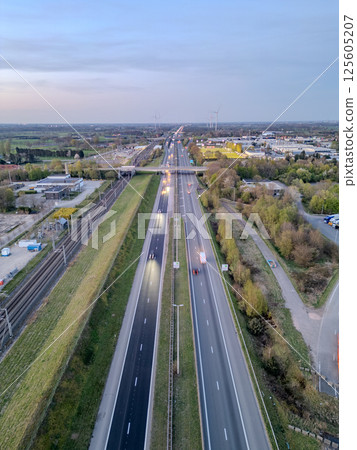 E19 Breda-Antwerp, Brecht, Antwerp, Belgium, April 8th, 2025, An Aerial View of the Urban Highway 125605207