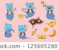 A playful illustration featuring cartoon cat genies in various poses, surrounded by magic lamps, a carpet, and whimsical elements on a pink background. 125605280