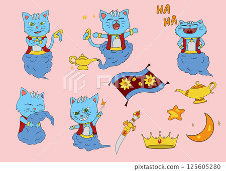 A playful illustration featuring cartoon cat genies in various poses, surrounded by magic lamps, a carpet, and whimsical elements on a pink background. 125605280