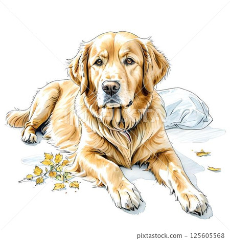 Golden retriever lying on the ground Golden retriever lying on the ground 125605568